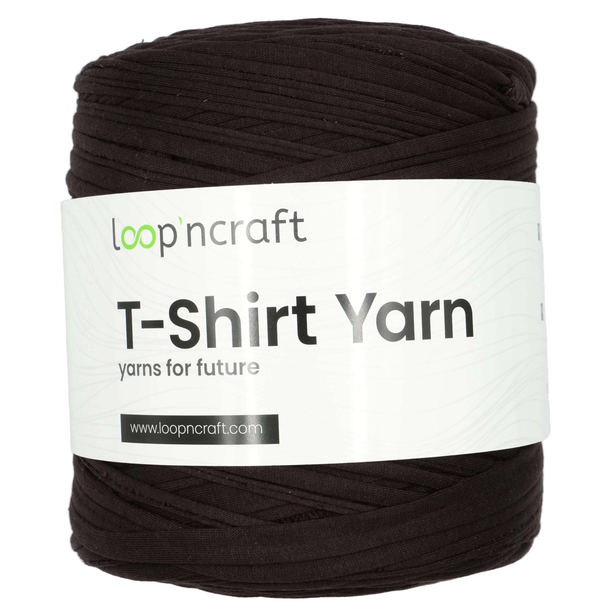 A skein of Loop 'ncraft T-Shirt Yarn in a dark brown color, wrapped with a white paper label showing the brand name.