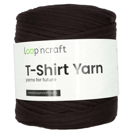 A skein of Loop 'ncraft T-Shirt Yarn in a dark brown color, wrapped with a white paper label showing the brand name.