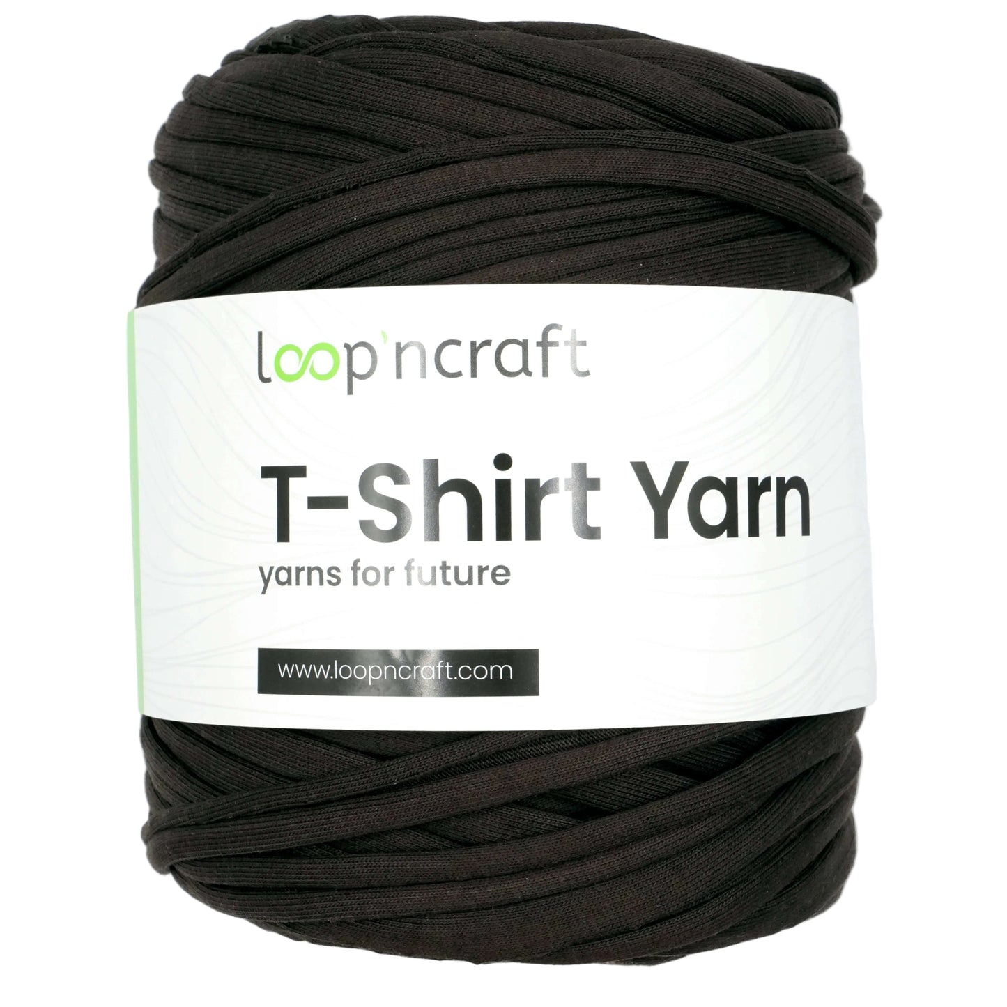 A skein of black looped T-shirt yarn with a white paper label reading 'loop'n craft T-Shirt Yarn' on a light gray background.