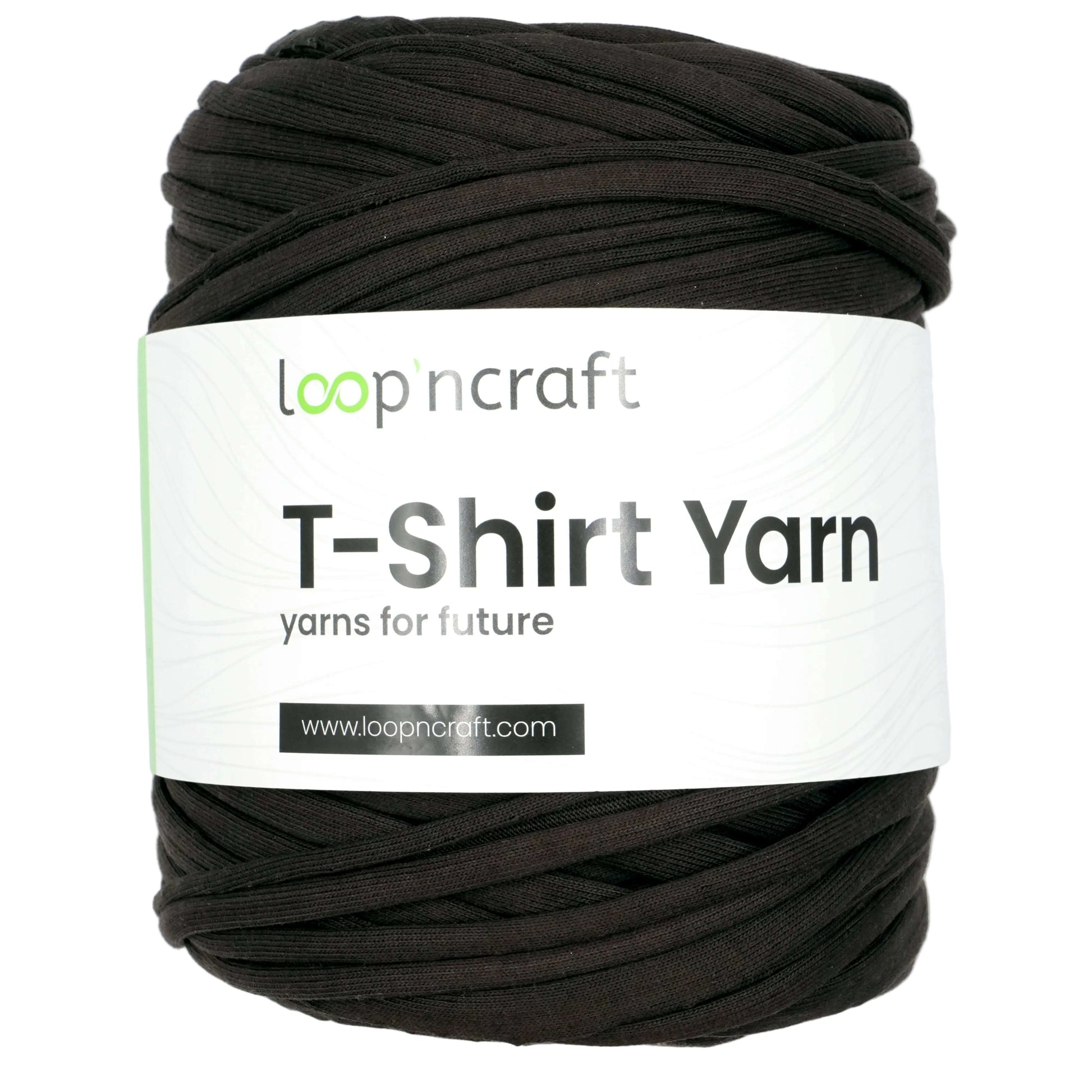 A skein of black looped T-shirt yarn with a white paper label reading 'loop'n craft T-Shirt Yarn' on a light gray background.