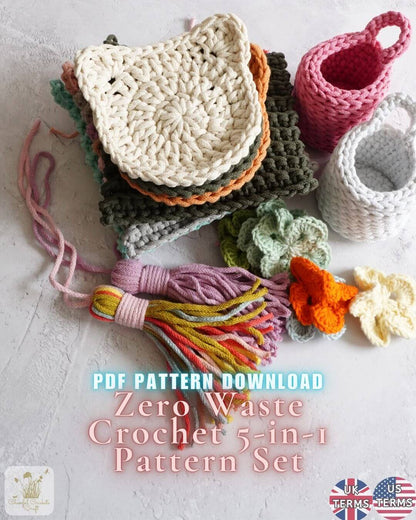 Zero Waste Crochet 5-in-1 Pattern Set with crochet items on a light background