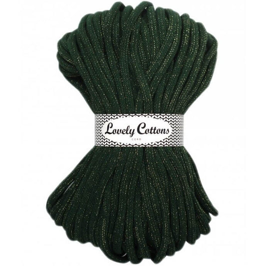 Recycled Cotton Braided 9mm Cord bottle green with golden thread